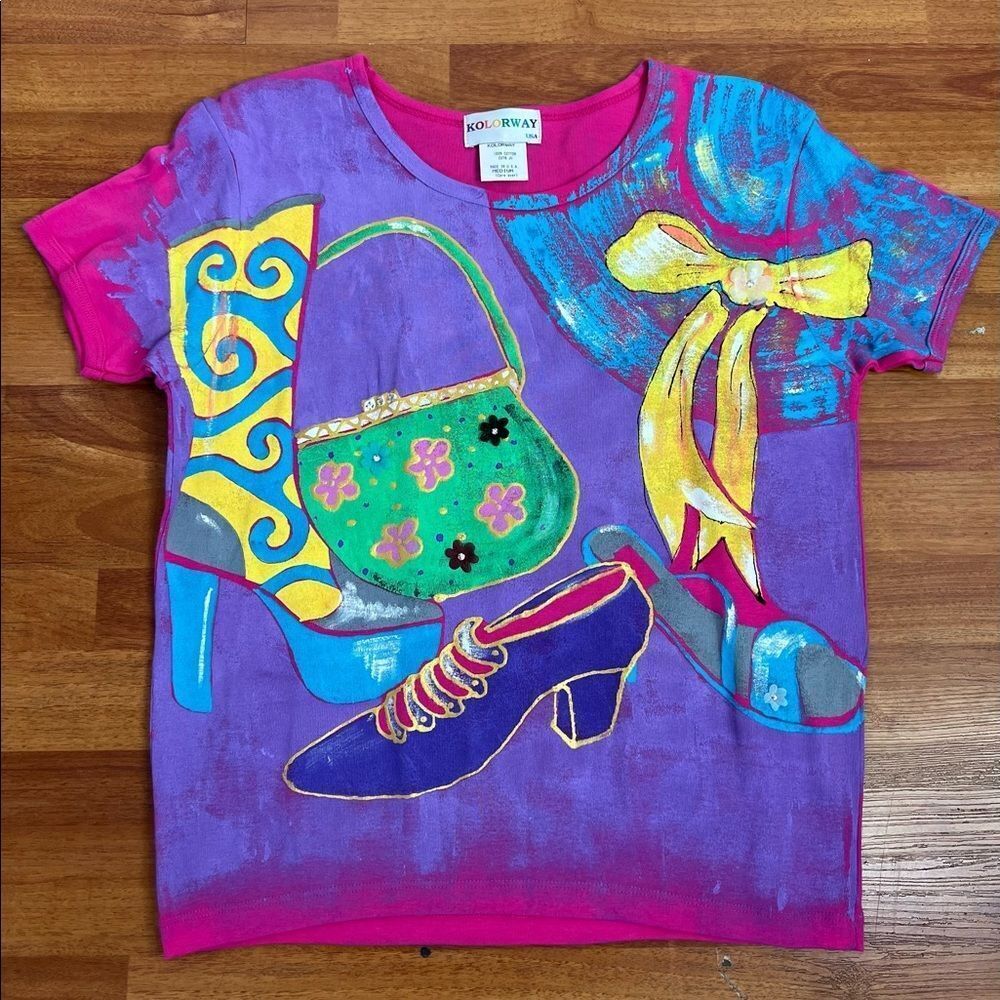 Vintage KOLORWAY NWOT shoe bag hat novelty hand painted wearable art tee M